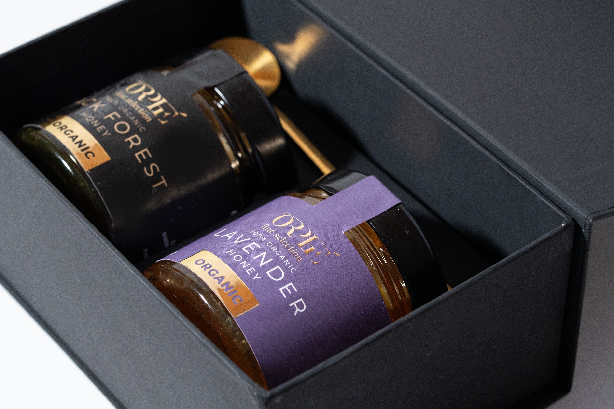 Orphe Luxury Organic Honey Gift Set, Lavender Honey & Forest Honeydew with Gold-Plated Spoon, Raw Bulgarian Honey Gift Box, Natural Sweetener for Coffee, Tea, Matcha and Breakfast