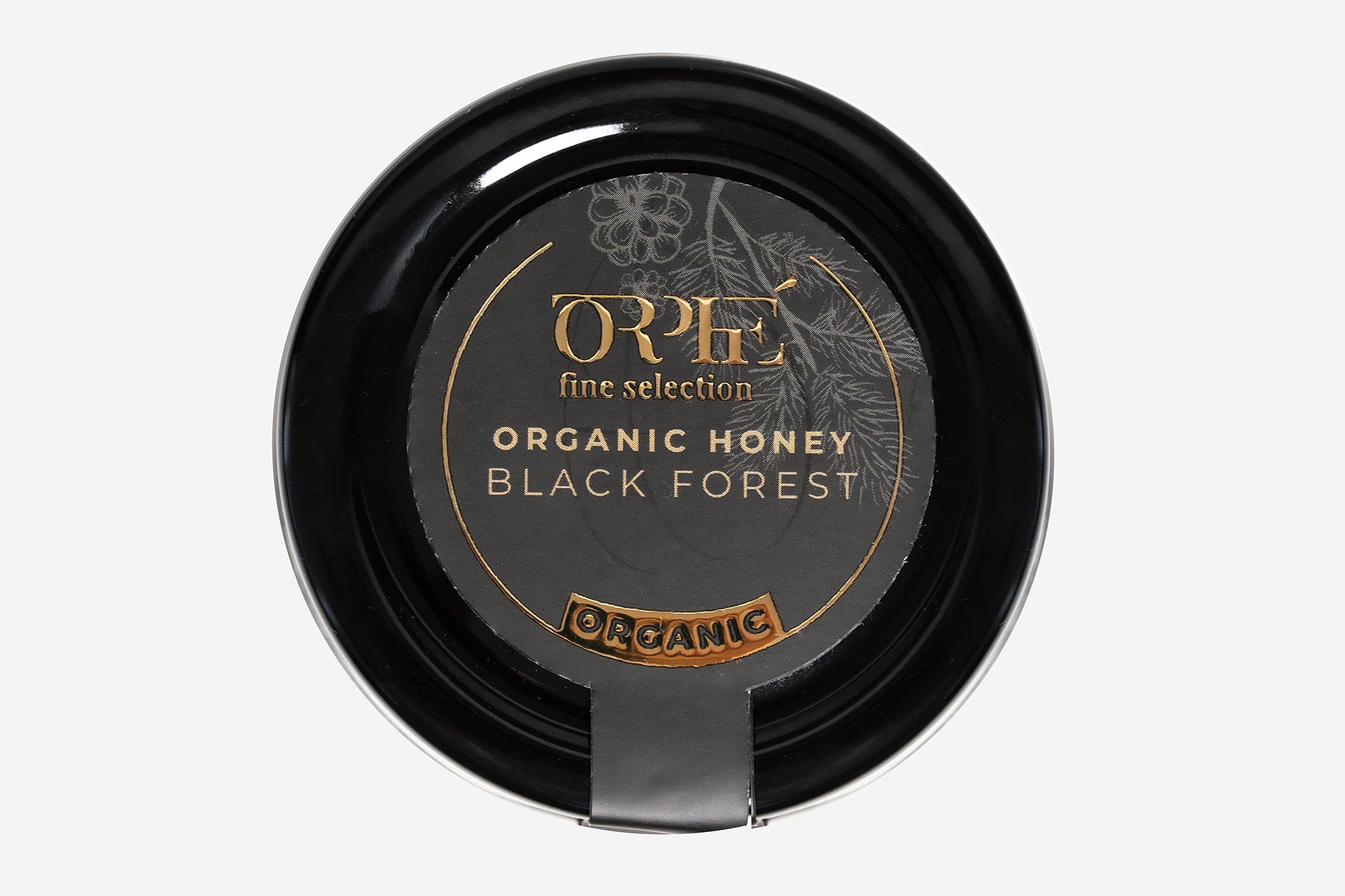 Orpe brand organic honey in a clear container with a sleek black lid, filled with rich golden honey. The container features a clean, eco-friendly label and is photographed against a white background for a crisp, professional look.