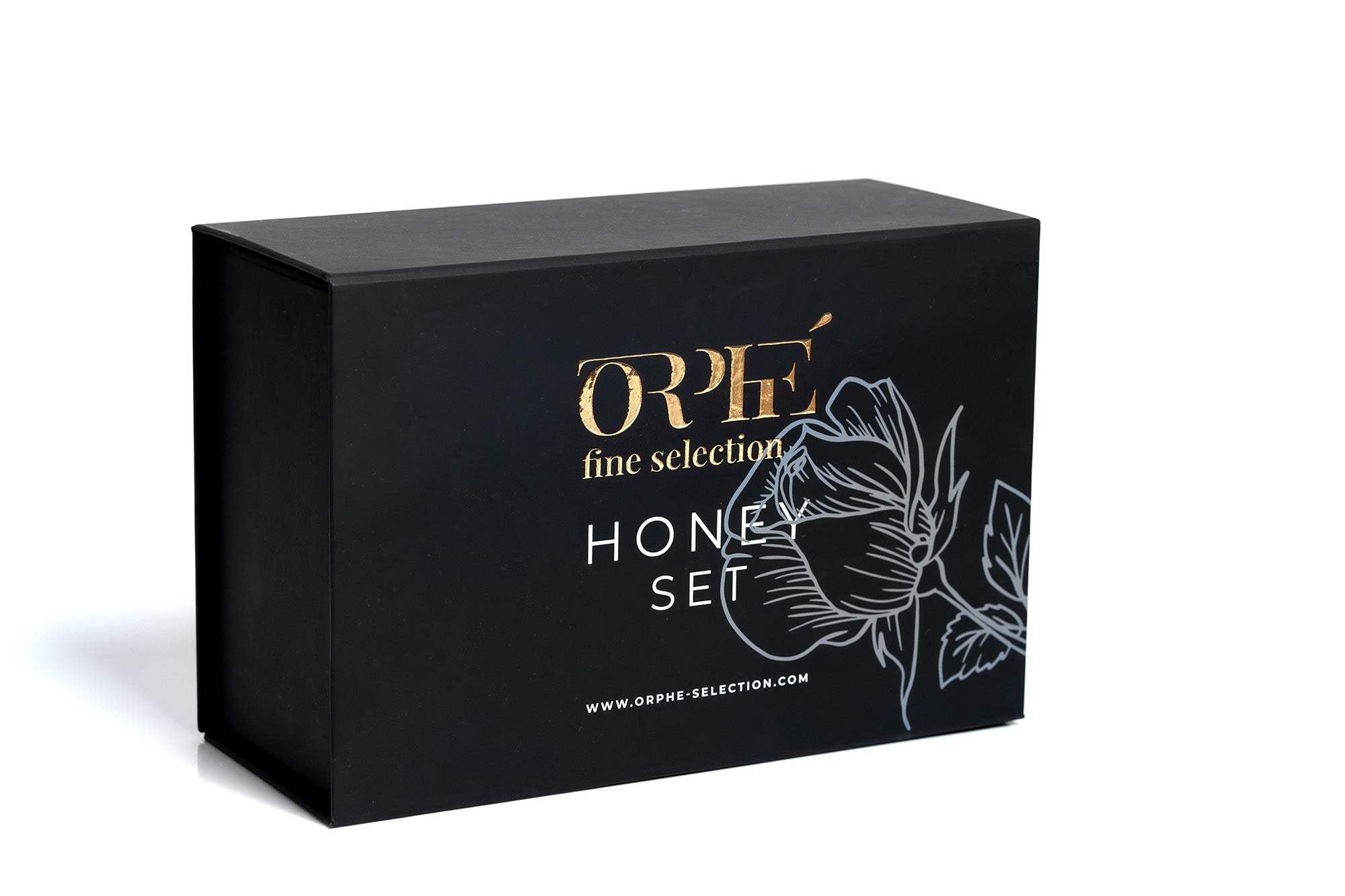 Black box with 'Orphe' branding and honey set design on a white background
